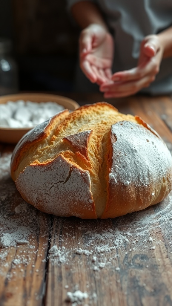 Artisan Bread Shaping Techniques Artisan bread loaf shaped and ready for baking, with a golden crust and flour dusting.